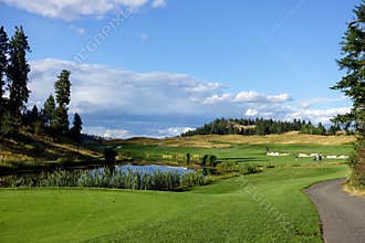 A beautiful view of a par 4 dog leg left from a tee box over a lake.  It is a sunny day with forest in the background, and bunkers