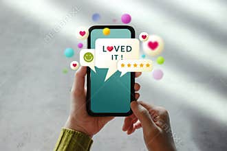Customer Experiences Concept. Woman Using Mobile Phone to Giving Feedback via the Internet. Positive Review. Client Satisfaction