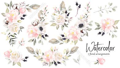 Watercolor hand painted green floral banner with green leaves, herbs, branches, wildflowers and berries