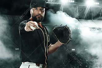 Baseball player with grand arena. Ballplayer on dark background in action.