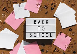 Board back to school, office supplies flat lay. Stickers, stationery. Workplace template clipart