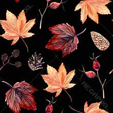 Watercolor hand painted seamless pattern with autumn leaves, alder branches, cones and rose hip beries on black background.