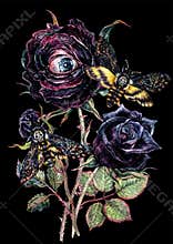 Halloween Watercolor Bouquet with Black Roses and Death`s-Head Hawkmoth