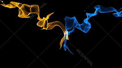 Yellow and blue light particles swirl across the screen