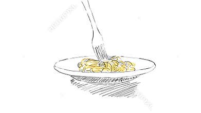 Classic hand-drawn animation: pasta is picked up with a fork