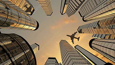 Jet plane flying over skyscrapers in business district, sunset sky, bottom view.