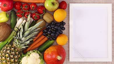 Frame for recipe on right side and fruits and vegetables on left side. Stop motion