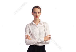 young serious business woman with cross hands
