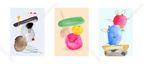 Set of creative colored minimalist hand painted illustration for wall decoration, postcard or brochure, banner, greeting cards,