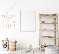 Frame mock up in farmhouse baby room, natural wooden furniture in nursery design
