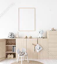 Mockup frame in minimal unisex child bedroom with natural wooden furniture