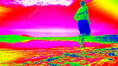 Thermal scan of  running man in water of lake. Guy wear sport tester chest belt is running and splashing water of natural pond