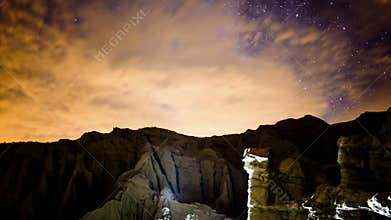 Milky Way Galaxy and Clouds Over Rocky Canyon Time Lapse Night Summer Sky Stars