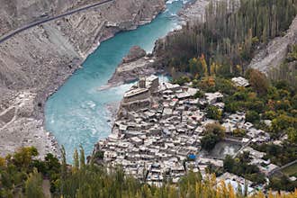 Altit fort panorama hunza river gilgit baltistan , Pakistan Northern areas