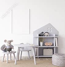 Poster frame mockup in children room, kids room design in farmhouse style