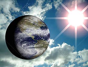 Earth with sky and sun flare