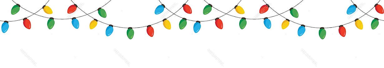 Vector Colorful Retro Holiday Christmas New Year Hanging String Lights Isolated Horizontal Seamles Border Background
