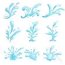 Cartoon water stylized waves and splashes set. Sea, ocean, pool symbols in comic style. Blue water drops. Vector illustrations