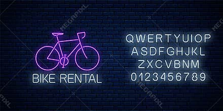 Bicycle rent glowing neon sign with alphabet. Bike rental symbol in neon style. Vector illustration