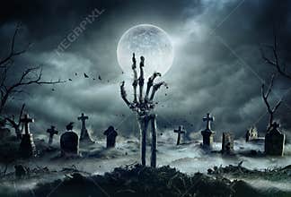 Skeleton Zombie Hand Rising Out Of A GraveYard