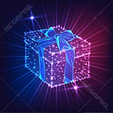 Futuristic glowing low poly gift box with ribbon bow isolated on dark blue and purple background