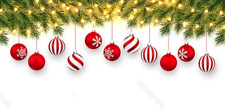 Festive Christmas or New Year Background. Christmas fir-tree branches with light garland and xmas red balls. Holiday`s Background