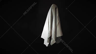 Footage of ghost white sheet costume flying in the air with black background.