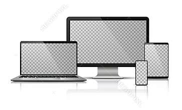 Realistic computer laptop smartphone with transparent screen. Tablet gadget template, pc laptop mobile devices mockup