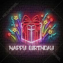 Vintage Glow Greeting Card with Gift, Confetti and Happy Birthday Inscription