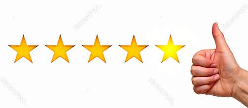 A woman showing hand sign thumb up and five star symbol, the concept of a positive rating, reviews and feedback