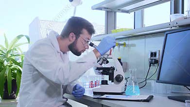 Scientist working in lab. Doctor making microbiology research. Biotechnology, chemistry, bacteriology, virology, dna and
