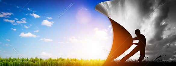 Man pulling the curtain up to a new colorful world