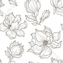 Seamless pattern with blooming magnolia with leaves