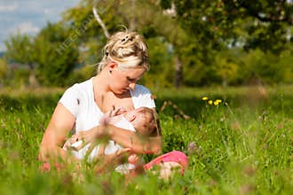 Mother nursing baby on meadow