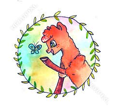 Llama with butterfly on rainbow background. Funny watercolor sketch cartoon alpaca