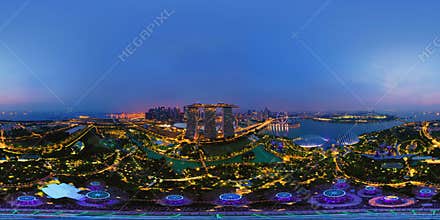 360 panorama by 180 degrees angle seamless panorama view of aerial view of Singapore Downtown. Financial district in technology
