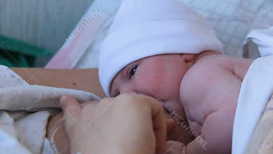Mother Holding Newborn in Embrace and Breastfeed Her Infant, Close-up View of Baby Head, Tenderness and Care of Motherhood.