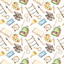 Watercolor seamless pattern with school set
