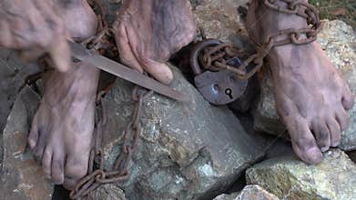 Hands and feet of a slave entangled in iron chains. An attempt to break free from slavery. The symbol of slave labor.