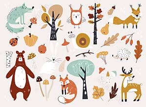 Cute Autumn Woodland Animals and Floral Forest Design Elements. Set of cute autumn cartoon characters, plants and food