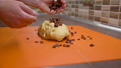 Prepare the dough with raisins for christmas cake in the kitchen