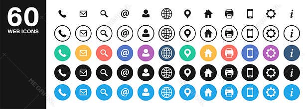 Set of 60 Business Card icons. Name, phone, mobile, location, place, mail, fax, web. Contact us, information
