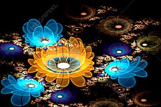 Abstract fractal computer-generated glowing 3d flowers. Multicolored fractal painting on a black background