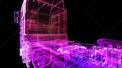 Euro Truck. Glow points, line and mesh formation of 3d Model Truck. 4k animation