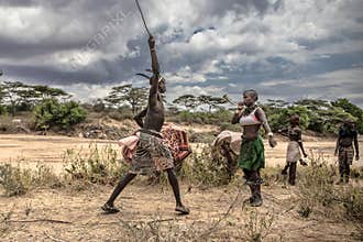 Jumping of the bull ceremony. Turmi, Omo Valley, Ethiopia