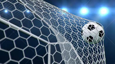 Soccer ball flies beautifully into the goal in slow motion. Soccer ball flies into the goal bending the grid on, ball