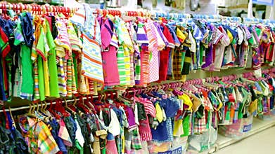 Interior of kids store. Racks with kids clothes and shoe display wall shelves in children`s