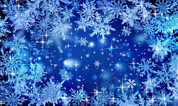 Blue festive winter background, Christmas, glitter, snowflakes falling, icy snowflakes, snowfall, holiday, new year, bright, place