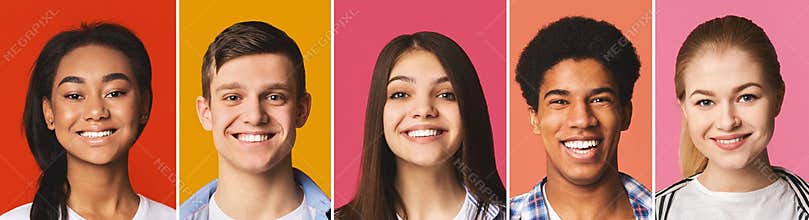 Portrait`s collage. Diverse teens smiling at colorful backgrounds