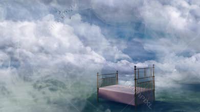 Bed in fantasy landscape